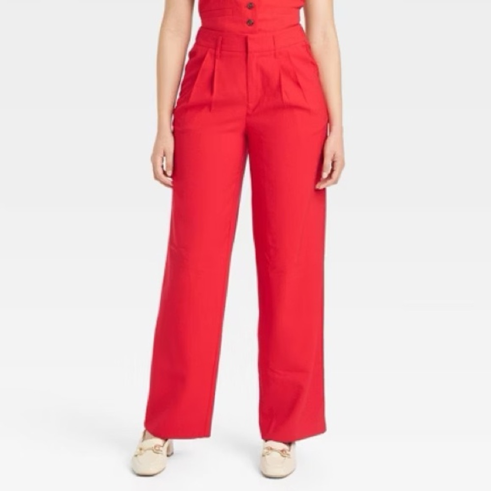 Women's High-Rise Pleat Front Straight Linen Blend Trousers - A New Day Red